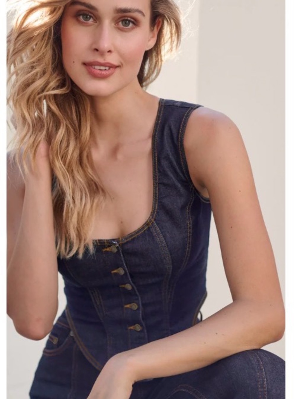 VENUS Dark Indigo Denim Button-Front Vest with Contrast Stitching | Size 14